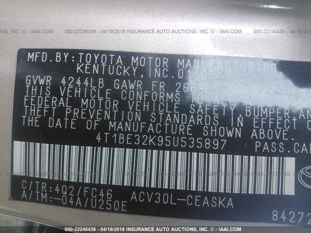 4T1BE32K95U535897 - 2005 TOYOTA CAMRY LE/XLE/SE GOLD photo 9