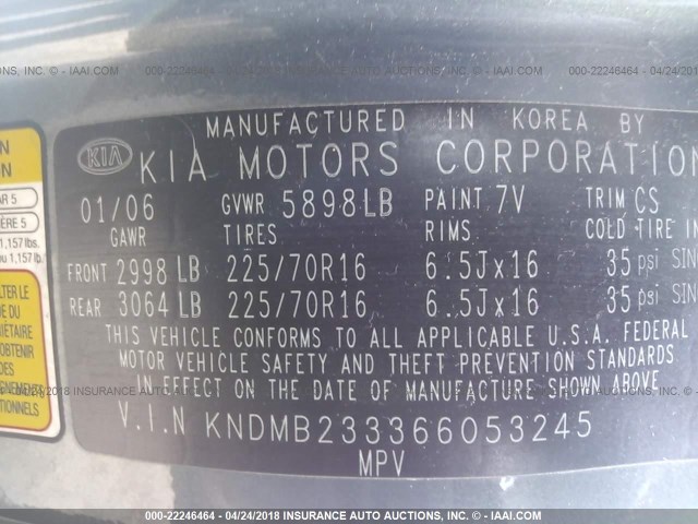 KNDMB233366053245 - 2006 KIA SEDONA EX/LX GRAY photo 9