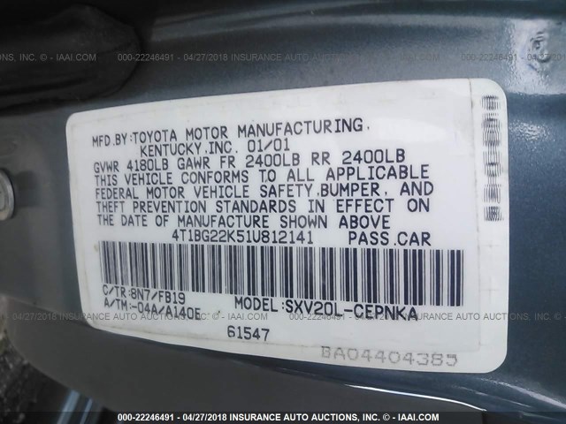 4T1BG22K51U812141 - 2001 TOYOTA CAMRY CE/LE/XLE 蓝色 照片 9