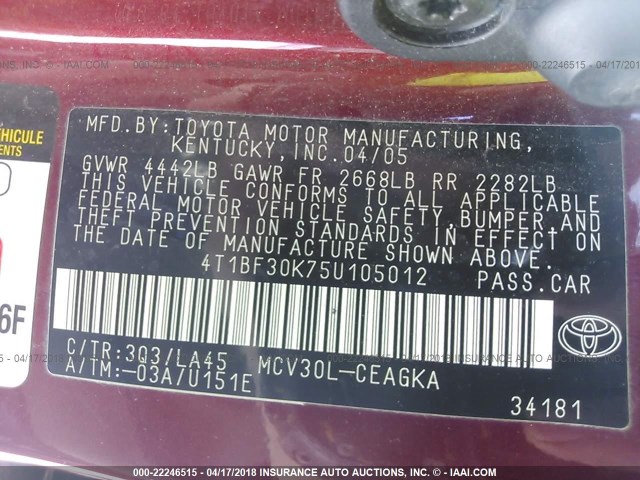 4T1BF30K75U105012 - 2005 TOYOTA CAMRY LE/XLE/SE Qırmızı foto 9