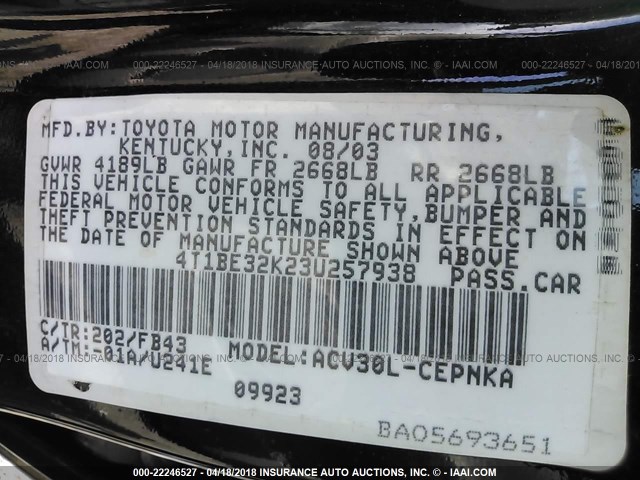 4T1BE32K23U257938 - 2003 TOYOTA CAMRY LE/XLE/SE BLACK photo 9