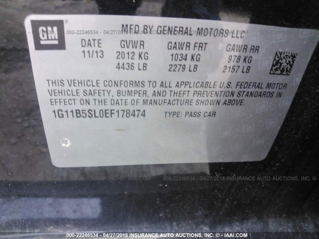 1G11B5SL0EF178474 - 2014 CHEVROLET MALIBU LS 黑色 照片 9