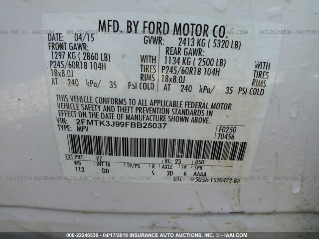 2FMTK3J99FBB25037 - 2015 FORD EDGE SEL WHITE photo 9