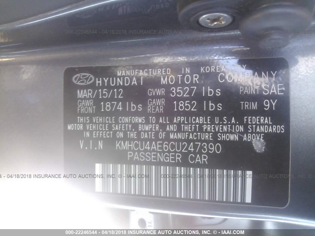 KMHCU4AE6CU247390 - 2012 HYUNDAI ACCENT GLS/GS/SE GRAY photo 9