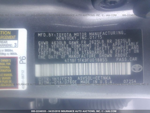 4T1BF1FK9FU018855 - 2015 TOYOTA CAMRY LE/XLE/SE/XSE GRAY photo 9