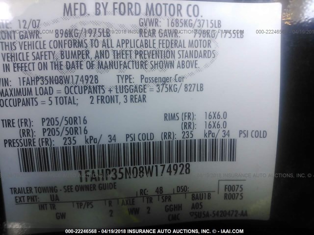 1FAHP35N08W174928 - 2008 FORD FOCUS SE/SEL/SES BLACK photo 9