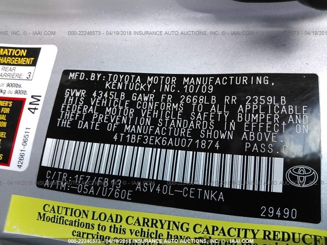 4T1BF3EK6AU071874 - 2010 TOYOTA CAMRY SE/LE/XLE SILVER photo 9