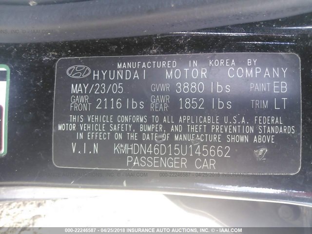 KMHDN46D15U145662 - 2005 HYUNDAI ELANTRA GLS/GT BLACK photo 9