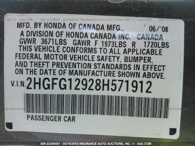 2HGFG12928H571912 - 2008 HONDA CIVIC EXL GOLD photo 9