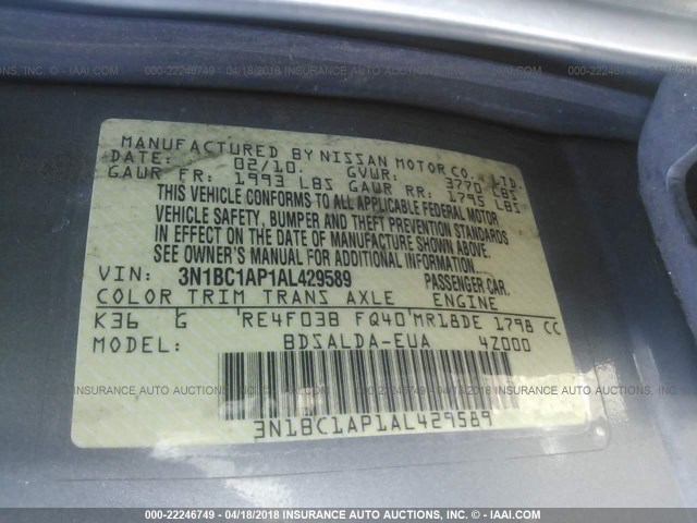 3N1BC1AP1AL429589 - 2010 NISSAN VERSA S/SL GRAY photo 9