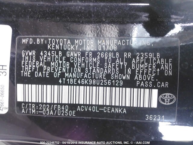 4T1BE46K98U256129 - 2008 TOYOTA CAMRY CE/LE/XLE/SE BLACK photo 9