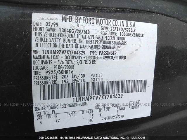 1LNHM97V7XY704829 - 1999 LINCOLN CONTINENTAL  GRAY photo 9