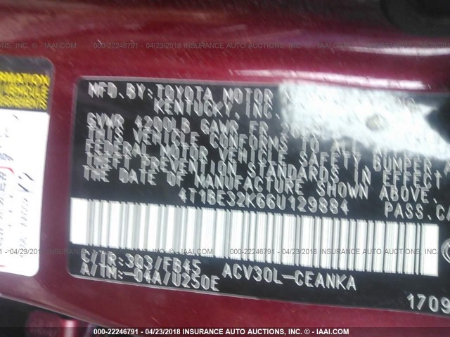 4T1BE32K66U129884 - 2006 TOYOTA CAMRY LE/XLE/SE 勃艮第红 照片 9