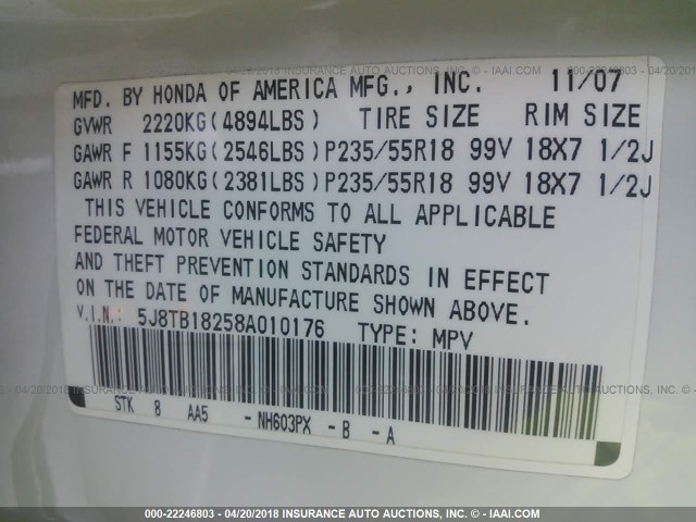 5J8TB18258A010176 - 2008 ACURA RDX WHITE photo 9