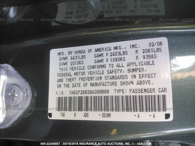 1HGCP26838A098868 - 2008 HONDA ACCORD EXL GREEN photo 9