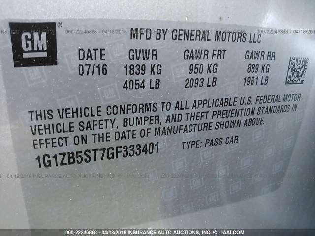 1G1ZB5ST7GF333401 - 2016 CHEVROLET MALIBU LS 银色 照片 9