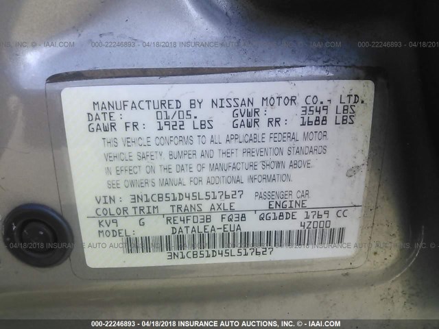 3N1CB51D45L517627 - 2005 NISSAN SENTRA 1.8/1.8S TAN photo 9