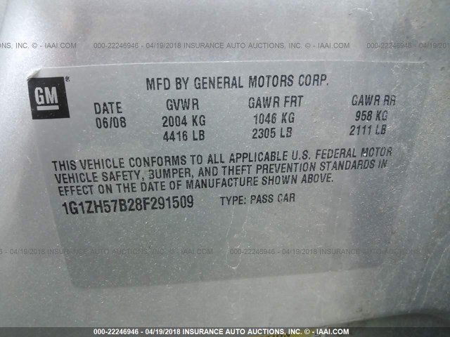 1G1ZH57B28F291509 - 2008 CHEVROLET MALIBU 1LT 银色 照片 9