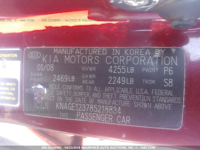 KNAGE123785218834 - 2008 KIA OPTIMA LX/EX MAROON photo 9