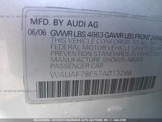 WAUAF78E57A013288 - 2007 AUDI A4 2/TURBO SILVER photo 9