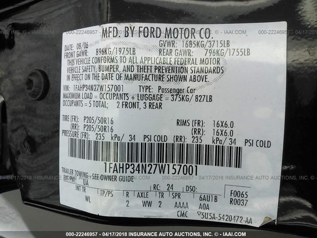 1FAHP34N27W157001 - 2007 FORD FOCUS ZX4/S/SE/SES BLACK photo 9