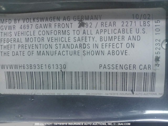 WVWWH63B93E161330 - 2003 VOLKSWAGEN PASSAT GLX 蓝色 照片 9