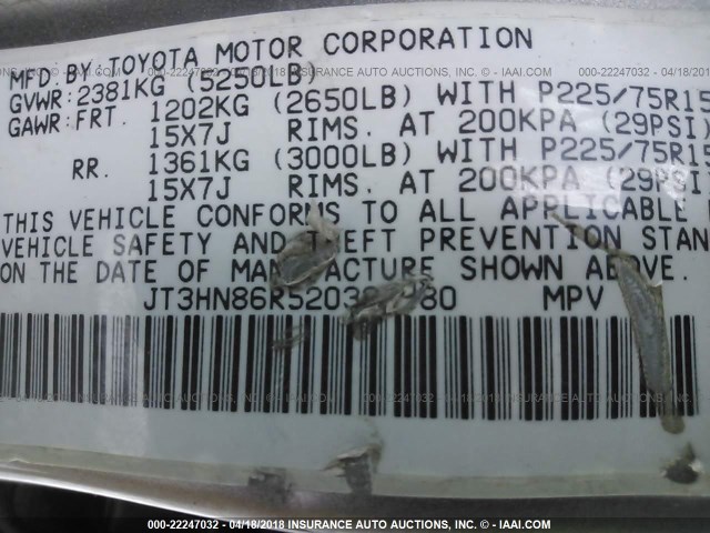 JT3HN86R520387080 - 2002 TOYOTA 4RUNNER SR5 SILVER photo 9