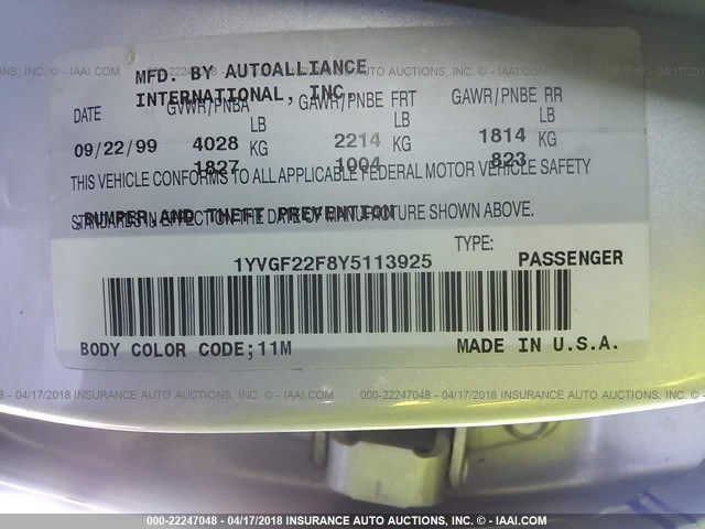 1YVGF22F8Y5113925 - 2000 MAZDA 626 ES/LX SILVER photo 9