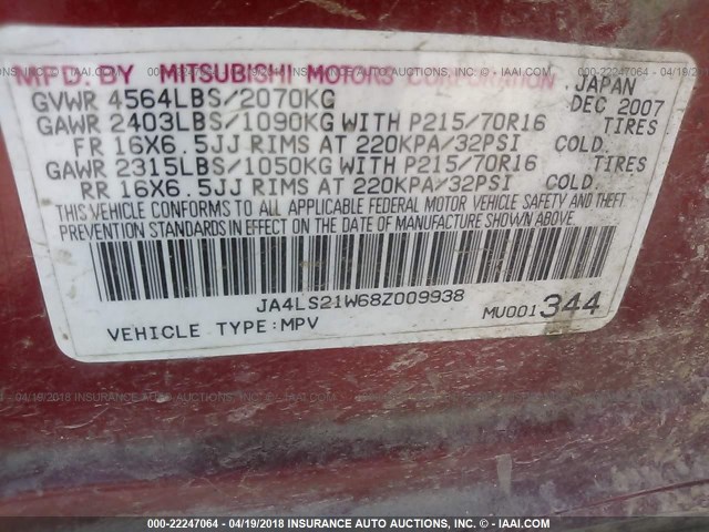 JA4LS21W68Z009938 - 2008 MITSUBISHI OUTLANDER ES წითელი ფოტო 9