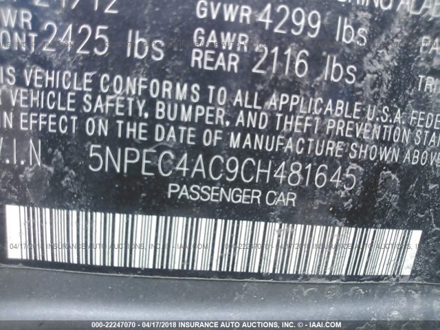 5NPEC4AC9CH481645 - 2012 HYUNDAI SONATA SE/LIMITED GRAY photo 9