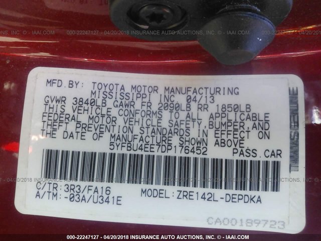 5YFBU4EE7DP176452 - 2013 TOYOTA COROLLA S/LE RED photo 9