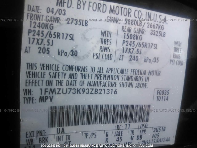 1FMZU73K93ZB21316 - 2003 FORD EXPLORER XLT/XLT SPORT/NBX BLACK photo 9