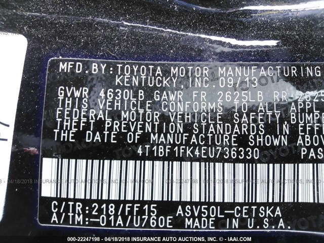 4T1BF1FK4EU736330 - 2014 TOYOTA CAMRY L/SE/LE/XLE 黑色 照片 9