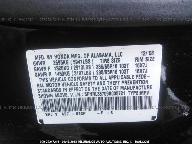 5FNRL38709B035721 - 2009 HONDA ODYSSEY EXL შავი ფოტო 9