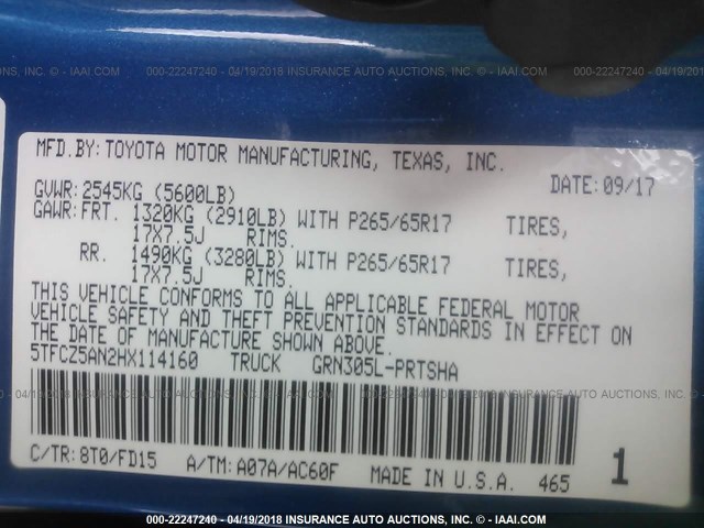 5TFCZ5AN2HX114160 - 2017 TOYOTA TACOMA DBL CAB/SR/TRDSPT/OR/PRO ლურჯი ფოტო 9