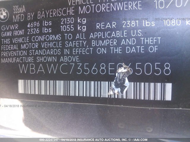 WBAWC73568E065058 - 2008 BMW 335 XI GRAY photo 9