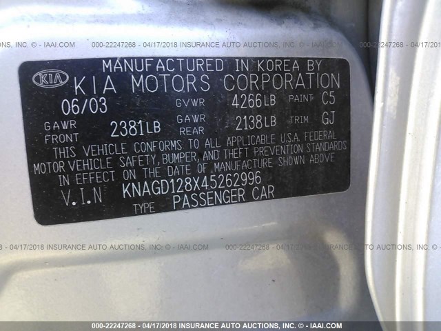 KNAGD128X45262996 - 2004 KIA OPTIMA LX/EX SILVER photo 9