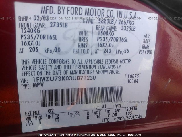 1FMZU73K03UB71230 - 2003 FORD EXPLORER XLT/XLT SPORT/NBX 栗色 照片 9