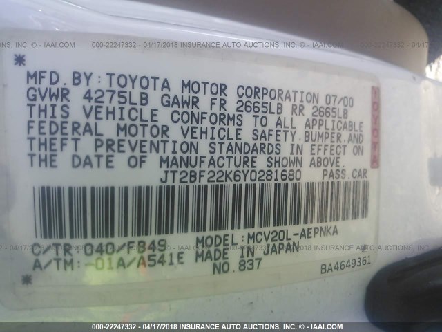 JT2BF22K6Y0281680 - 2000 TOYOTA CAMRY CE/LE/XLE WHITE photo 9