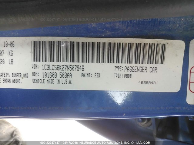 1C3LC56K27N507946 - 2007 CHRYSLER SEBRING TOURING BLUE photo 9