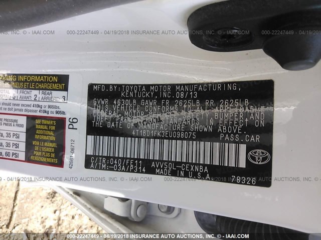 4T1BD1FK3EU098075 - 2014 TOYOTA CAMRY HYBRID/LE/XLE WHITE photo 9