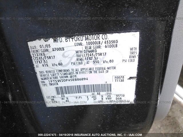 1FTSW20P45EB86894 - 2005 FORD F250 SUPER DUTY BLACK photo 9