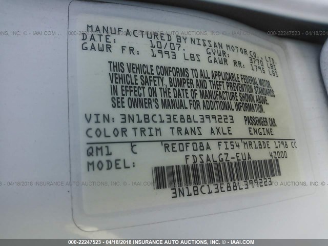 3N1BC13E88L399223 - 2008 NISSAN VERSA S/SL WHITE photo 9