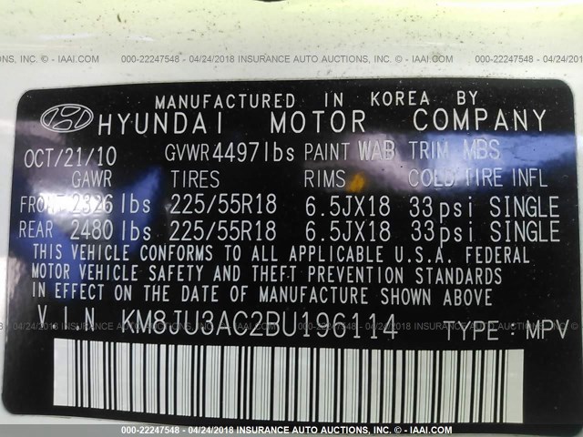 KM8JU3AC2BU196114 - 2011 HYUNDAI TUCSON GLS/LIMITED თეთრი ფოტო 9