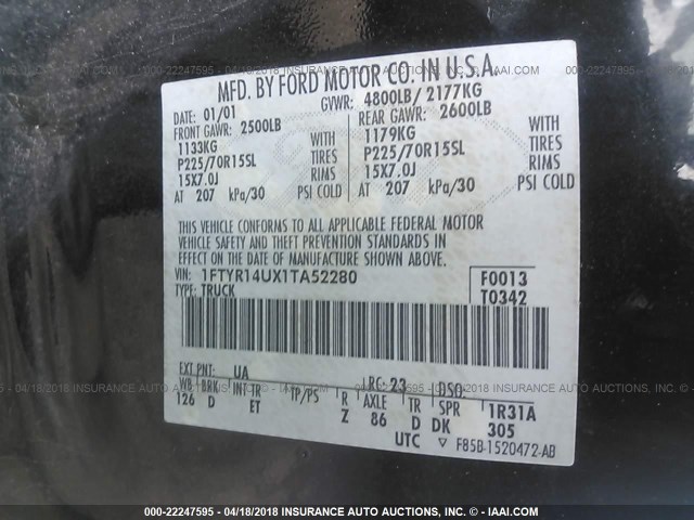 1FTYR14UX1TA52280 - 2001 FORD RANGER SUPER CAB BLACK photo 9