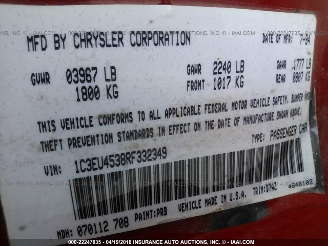 1C3EU4538RF332349 - 1994 CHRYSLER LEBARON GTC/LX RED photo 9