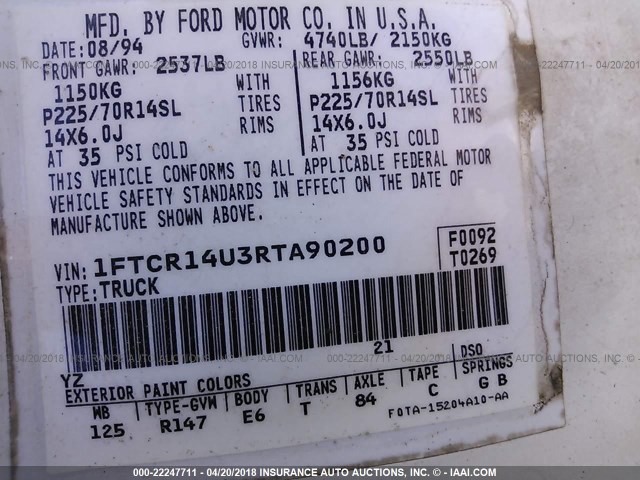 1FTCR14U3RTA90200 - 1994 FORD RANGER SUPER CAB WHITE photo 9