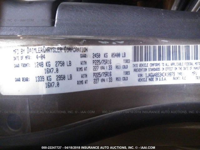 1J4GW48S34C410879 - 2004 JEEP GRAND CHEROKEE LAREDO/COLUMBIA/FREEDOM 金色 照片 9