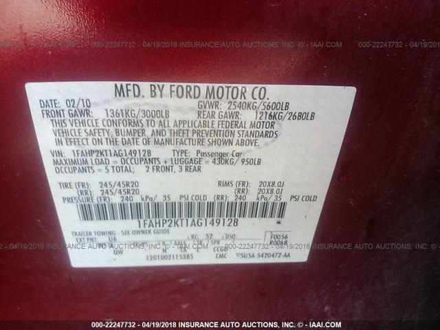 1FAHP2KT1AG149128 - 2010 FORD TAURUS SHO RED photo 9