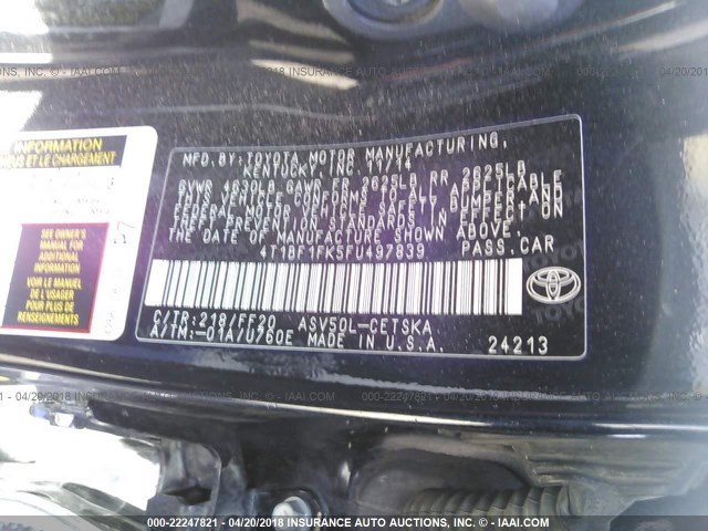 4T1BF1FK5FU497839 - 2015 TOYOTA CAMRY LE/XLE/SE/XSE BLACK photo 9